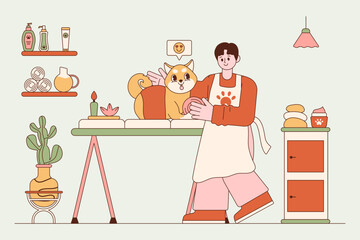 Man in Apron Doing Grooming Service for Dog in Flat Cartoon Outline Illustration with Solid Color Background