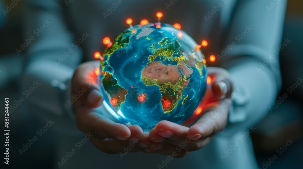 Leinwandbilder a person holding a globe with a protective shield representing the ozone layer against uv rays