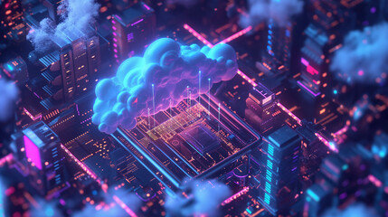 Information in Perspective: Glowing Data Travels Across a Detailed 3D Isometric Network, Generative AI