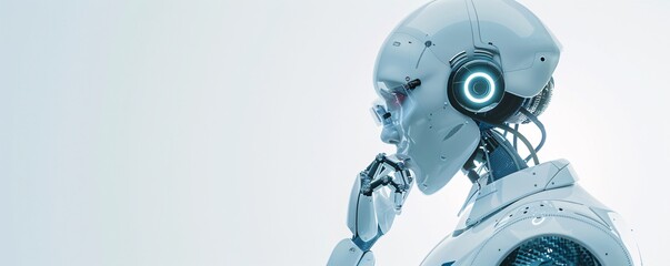 In a sleek, high-tech office environment, a robot reviews and processes bankruptcy documents, symbolizing the future of legal proceedings. The composition features abundant copy space, emphasizing