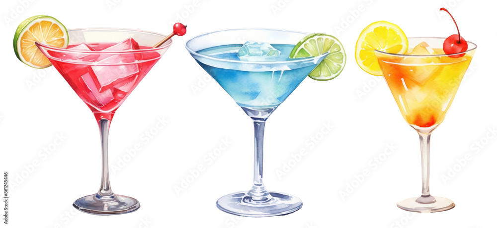 Poster cocktail watercolor png cut out element set