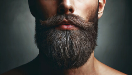 Close-up of a man with a thick styled beard and mustache against a dark background