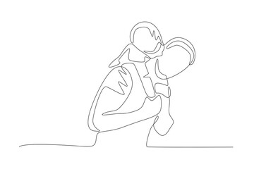 The child who kissed his father while being carried. Father's day concept one-line drawing