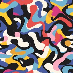 A seamless vector illustration pattern featuring abstract art. Use bold, vibrant colors and flowing, organic shapes to create a dynamic and eye-catching design. The pattern should have a sense of