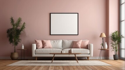 Interior home of living room with empty frame mock up and sofa on pink wall