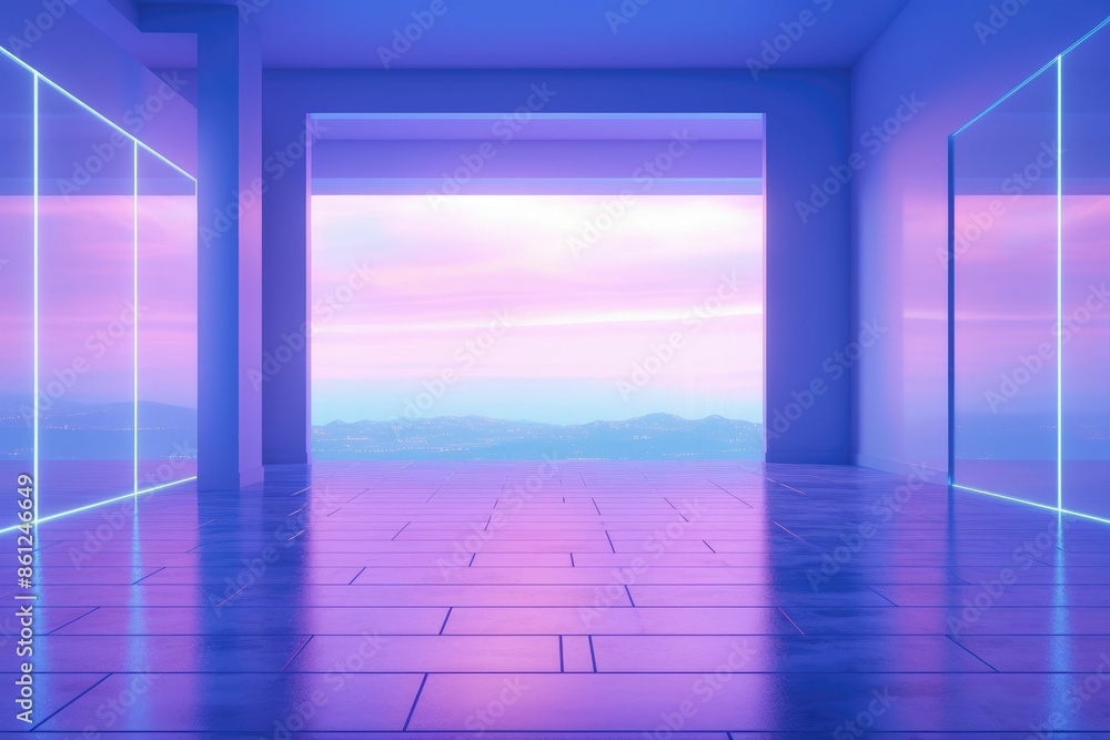 Poster futuristic arch tunnel in blue light. 3d rendering of an architectural structure for science fiction