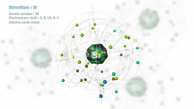Atom of Strontium with 38 Electrons in infinite orbital rotation on white with other atoms in background