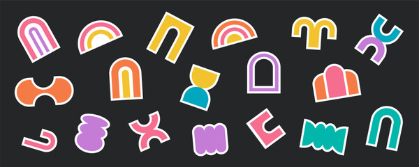 Contemporary organic y2k silhouette sticker set, vintage trendy brutal figure illustration for poster and banner design, minimal futuristic brutalism shape art, abstract simple swiss icon collection,