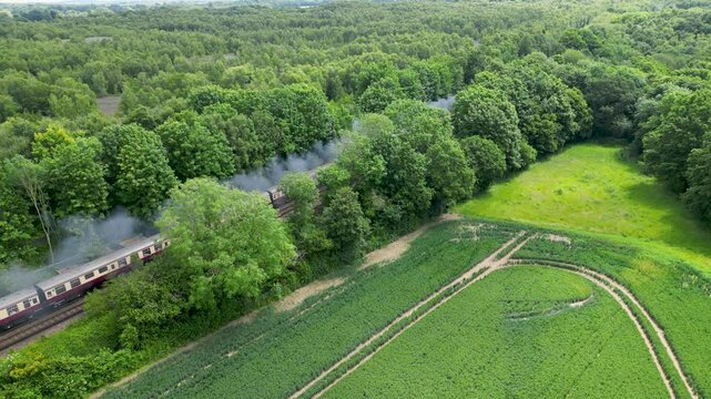 The luxury train coaches of the Class 46100 Royal Scott Pullman train as it makes its way through a village train station.
