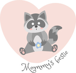 cute baby raccoon in a heart with a flower in his hands