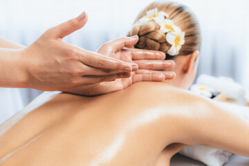 Caucasian woman customer enjoying relaxing anti-stress spa massage and pampering with beauty skin...