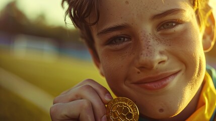 Close-up of a teenage soccer player holding a gold medal, face beaming with pride and aspiration, highlighting the achievement of winning, highly detailed photograph, ultra-sharp and clear