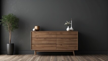 Interior home of modern dark living room with empty dark wall copy space mock up