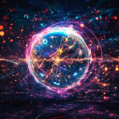 Obraz premium Neon Energy Sphere Surrounded by Dynamic Particles