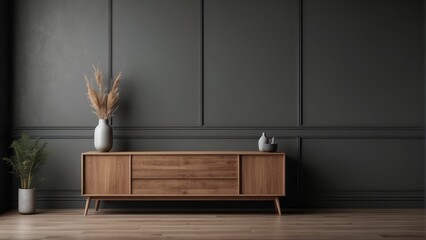 Interior home of modern dark living room with empty dark wall copy space mock up