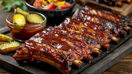 A platter of tender grilled pork ribs with a side of barbecue sauce and pickles