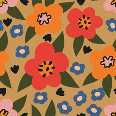 Fototapeta premium Seamless flower pattern. Vibrant flower repeated print. Bold and bright floral print. Summer background. Flowers and leaves ornament. Perfect for stationary, fabric, packaging, wrapping, textile.