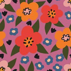 Seamless flower pattern. Vibrant flower repeated print. Bold and bright floral print. Summer background. Flowers and leaves ornament. Perfect for stationary, fabric, packaging, wrapping, textile.
