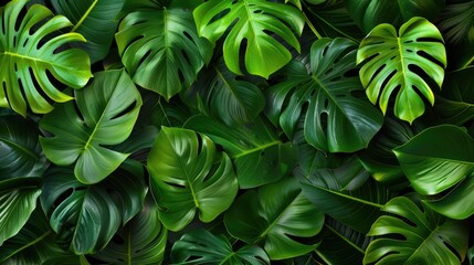 Tropical leaves background, banner with green floral pattern