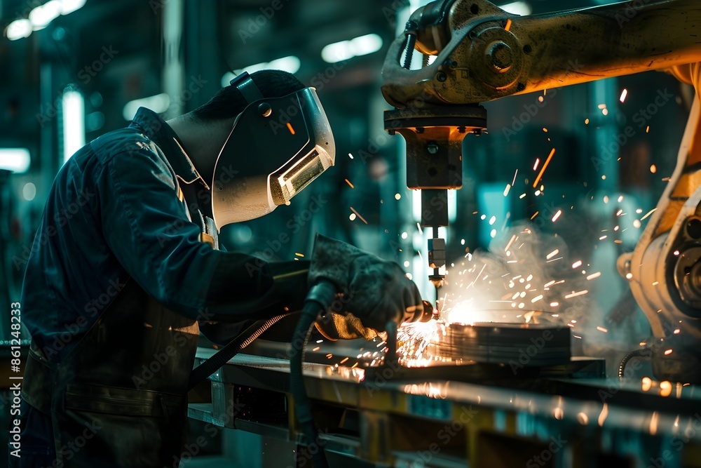Poster engineer monitoring welding robotics in intelligent automotive factory with digital manufacturing