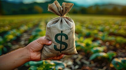 A hand holds out a dollar money bag on a background of a farm field. Lending farmers and agricultural enterprises for purchase land and seed material, equipment modernization Support and subsidies