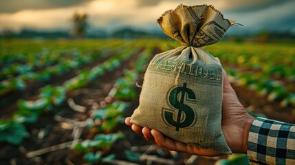 A hand holds out a dollar money bag on a background of a farm field. Lending farmers and agricultural enterprises for purchase land and seed material, equipment modernization Support and subsidies