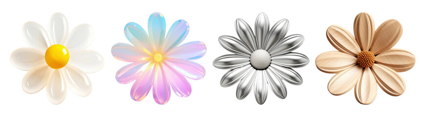 3d daisy flowers png element set on transparent background