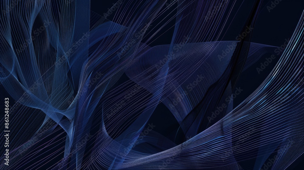Poster abstract blue and white lines forming intricate patterns on a dark blue background. digital image of