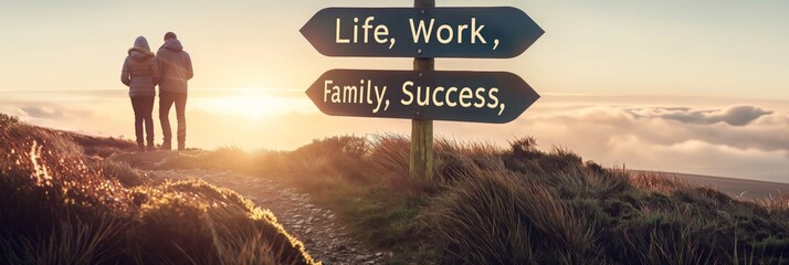 A couple walks on a path towards the future, with signposts indicating life, work, family, and success, symbolizing guided journey.