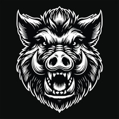 Fototapeta premium Dark Art Scary Angry Wild Boar Skull Head with Sharp Horn Black and White Illustration