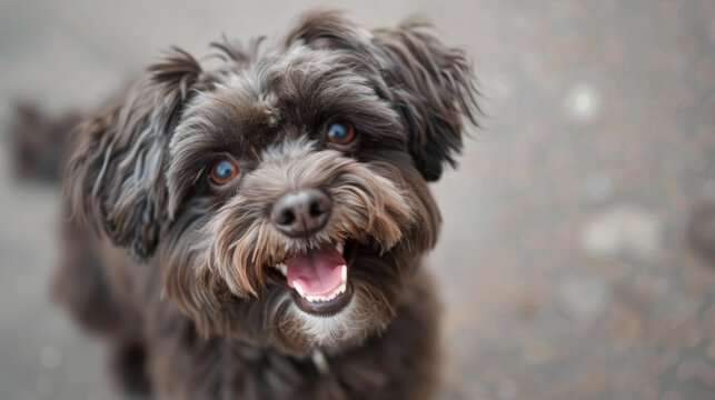 A small bolonka dog with a black and brown coat is smiling and looking at the camera