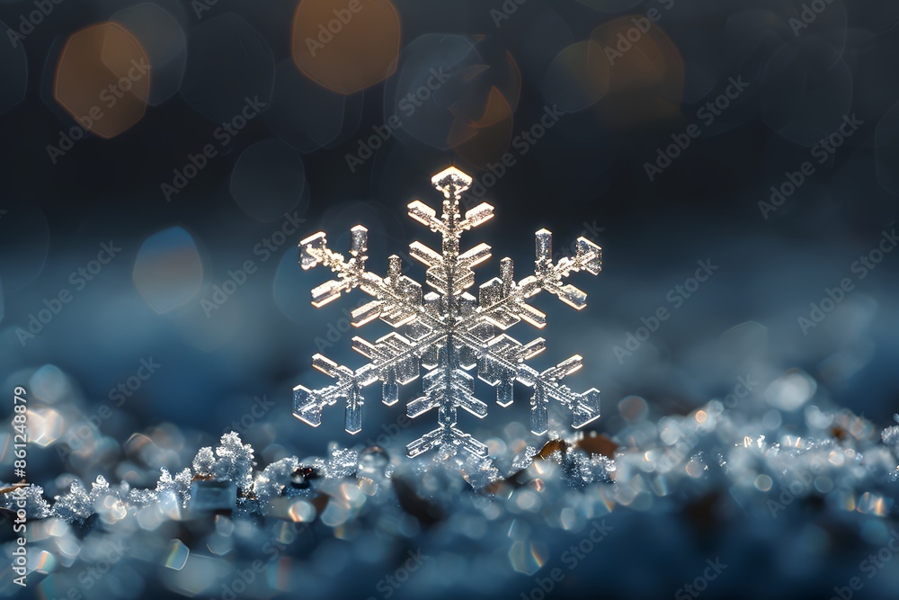 Poster snowflake closeup on blue with bokeh