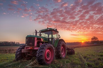 Fototapeta premium Tractor in a field on a Maryland farm at sunset