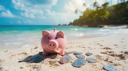 close up of a pink piggy bank on the tropical sand beach with coins. representing personal finance and saving money for travel or vacation. the summer background scene suggests taking a beach vacation