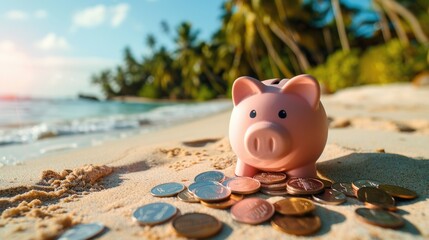 close up of a pink piggy bank on the tropical sand beach with coins. representing personal finance and saving money for travel or vacation. the summer background scene suggests taking a beach vacation