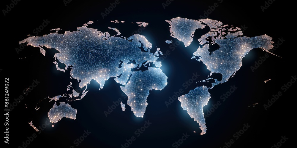 Poster glowing digital world map on a dark background with sparkling light points. global communication and