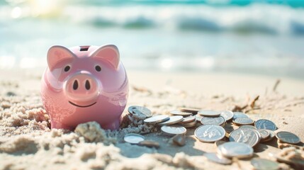 close up of a pink piggy bank on the tropical sand beach with coins. representing personal finance and saving money for travel or vacation. the summer background scene suggests taking a beach vacation