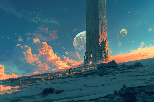 Imposing alien monolith with planets and a colorful sky creating a surreal and captivating cosmic scene perfect for sci-fi enthusiasts