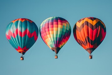 Fototapeta premium Three hot air balloons soar in blue sky