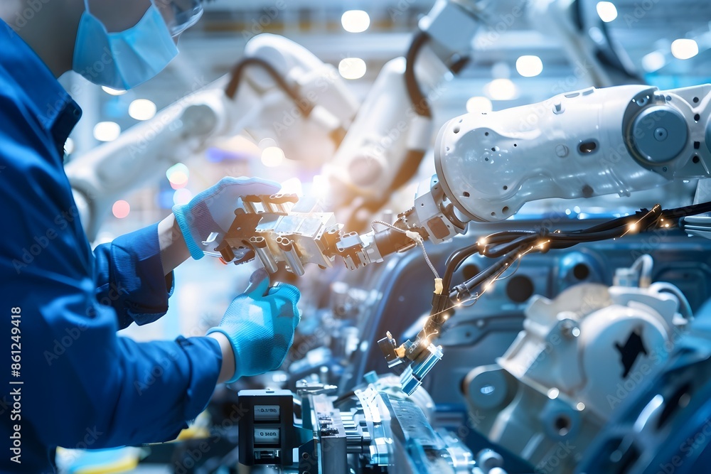 Poster industrial engineer working with automation robot arms in intelligent factory