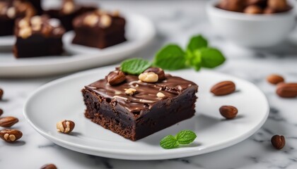 brownies with nuts and mint leaf