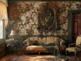 Elegant vintage living room with floral wallpaper, antique furniture, and classic decor evoking timeless charm and sophistication.