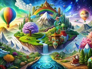 Fantasy Floating Island with Rainbow and Hot Air Balloons