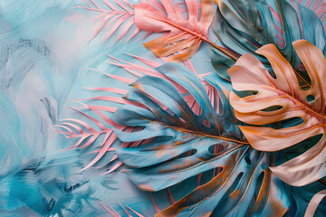 Abstract Tropical Leaves in Blue and Pink Shades with Orange Highlights on a Textured Background