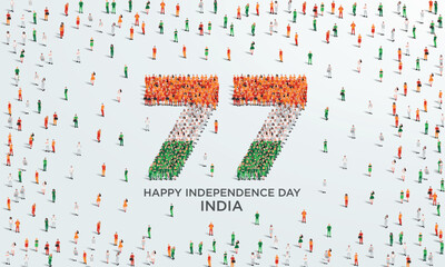 August 15 Happy Independence Day India Design. A large group of people form to create the number 77 as India celebrates its 77th National Day on the 15th of August.