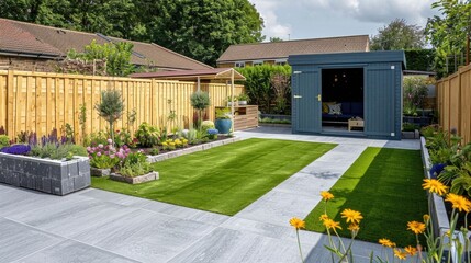 A general view of a back garden with artificial grass, grey paving slab patio, flower bed with plants, timber fences, blue shed, summer house garden timber outbuilding