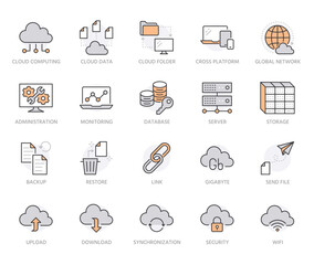 Cloud data storage line icons set. Database, information storage, server center, global network, backup, download vector illustrations. Technology thin signs. Orange color. Editable Strokes