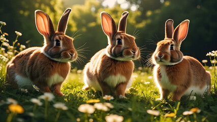 Fototapeta premium a scene with a family of rabbits playing in the meadows.