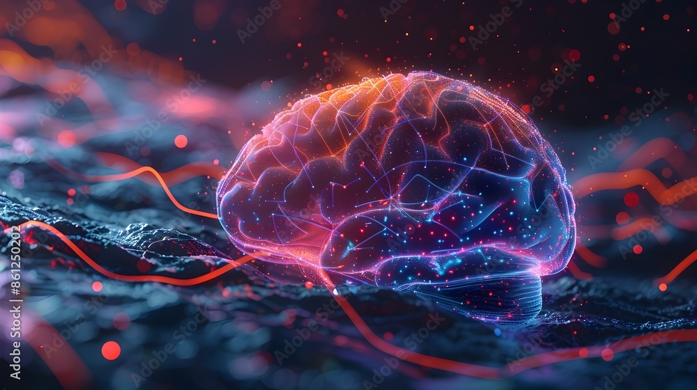 Poster futuristic brain with glowing neural circuits and holographic data streams