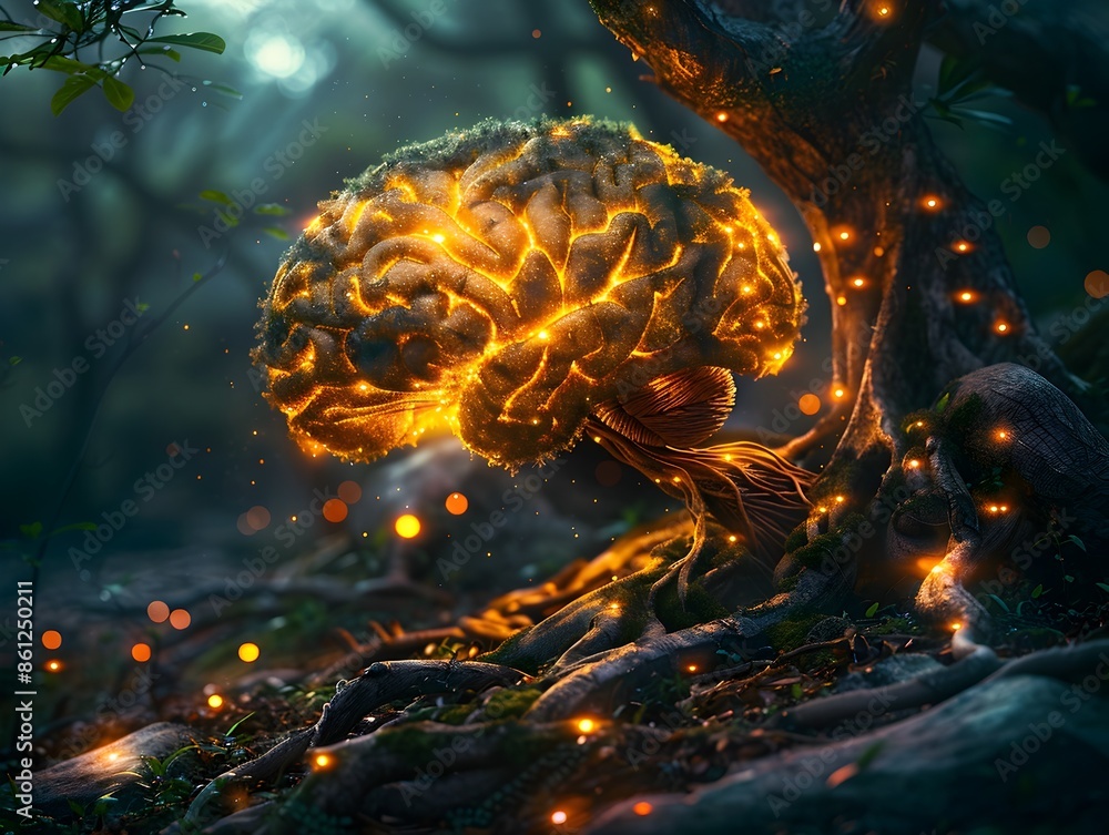 Aufkleber mystical bioluminescent brain formed by intertwining tree roots and branches in fantasy forest setti